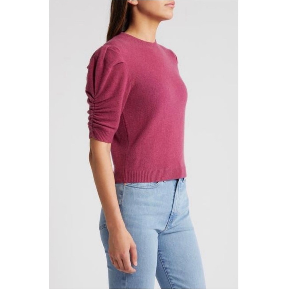 NWOT  FRAME Ruched Sleeve 100% Cashmere Sweater in Dragon Fruit - Picture 3 of 10
